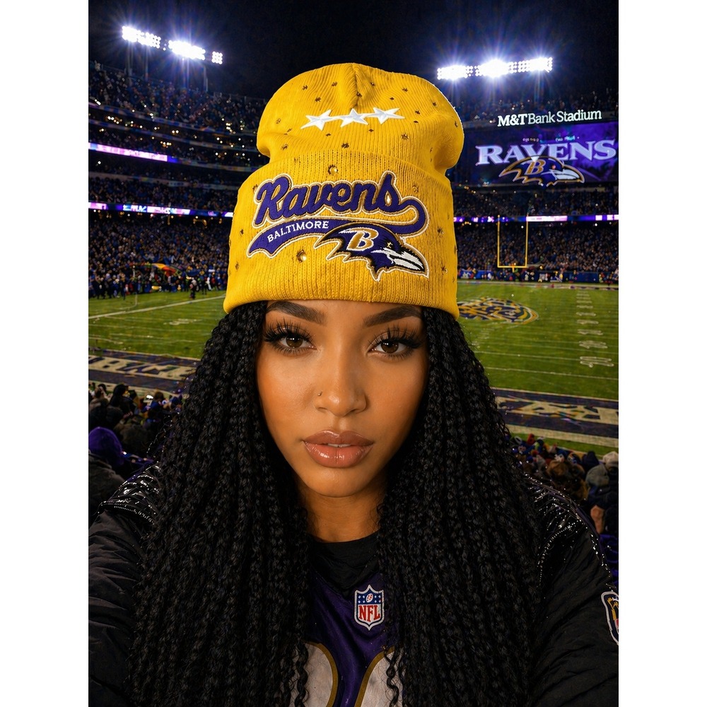 Baltimore Ravens‎ Gold Beanie design with Logo Gold Rhinestones & White Stars